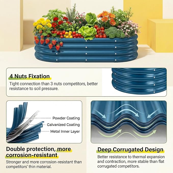 Land Guard 2 Pcs 6ft Metal Raised Garden Bed, 6 x 3 x 1 Galvanized Planter Raised Beds for Vegetables, Blue