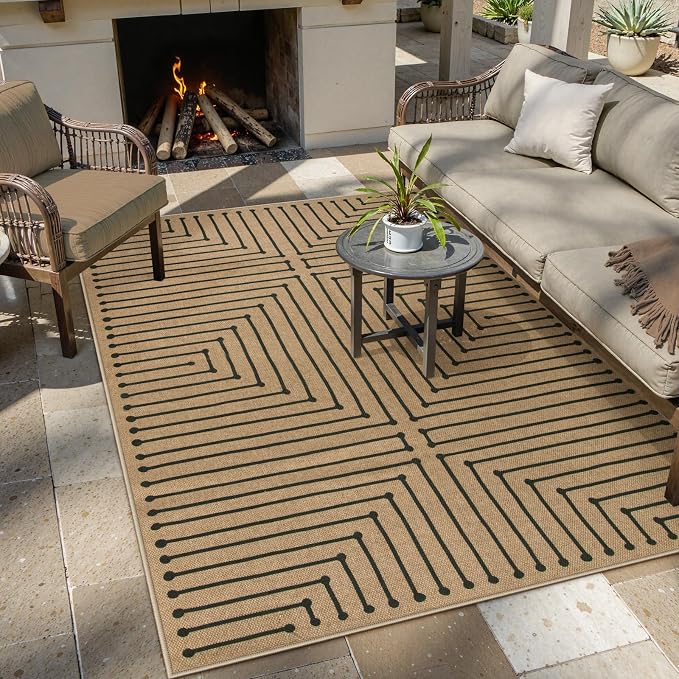 Lahome Neutral Outdoor Rug 5x7, Black and Brown Classroom Easy Jute Rug | Nature Farmhouse Rhombus Non Slip Non Shedding Outdoor Patio Carpet for Balcony Dining Room