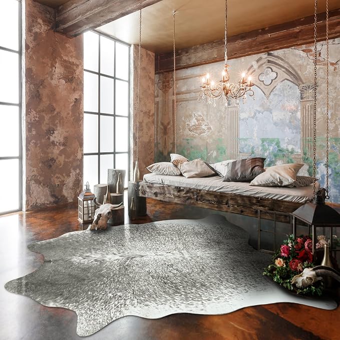 Large Washable Faux Cowhide Rug 6x7 Grey, Modern Farmhouse Animal Skin Area Rugs, Non Slip Cow Print Carpet for Large Living Room Bedroom Office, Vintage Aesthetic Floor Mat
