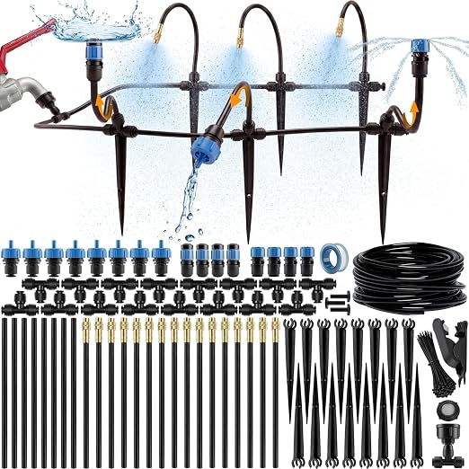 CARPATHEN 50FT 1/4" Drip Irrigation System - Complete Garden Irrigation Kit with 16pcs 360° Adjustable Atomizing Copper Nozzles - Watering Spray System for Raised Beds, Potted Plants, Greenhouse