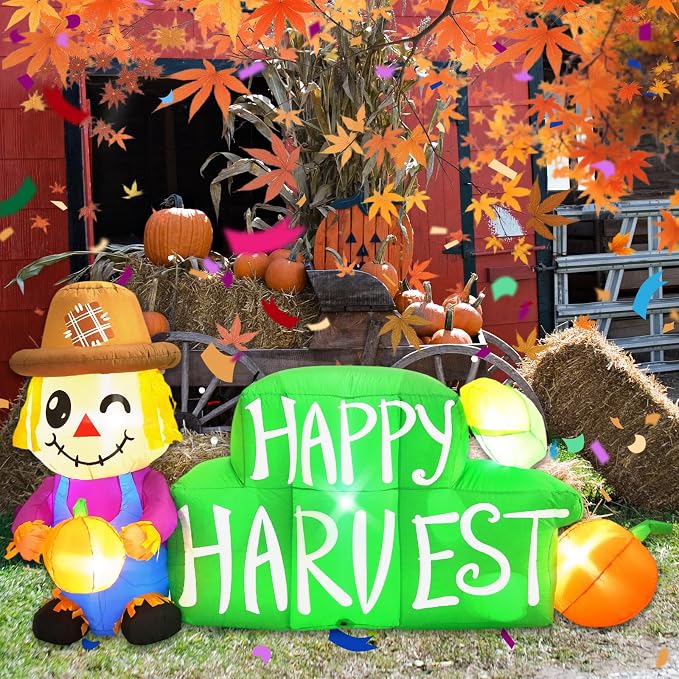 8FT Long Fall Inflatables Outdoor Decorations, Inflatable Scarecrow and Road Sign Pumpkin, Built-in LED Fall Autumn Harvest Thanksgiving Inflatables Blow Ups for Outside Yard Garden Lawn