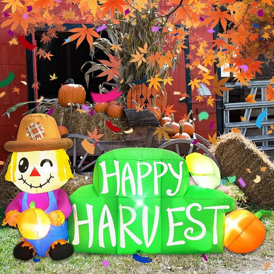 8FT Long Fall Inflatables Outdoor Decorations, Inflatable Scarecrow and Road Sign Pumpkin, Built-in LED Fall Autumn Harvest Thanksgiving Inflatables Blow Ups for Outside Yard Garden Lawn