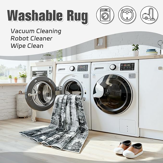 10x12 Area Rugs for Living Room: Washable Soft Black Abstract Carpet | Non-Slip TPE & Stain Resistant,0.25" Low-Pile,Kids Pet Friendly Modern Decor for Dining Room Farmhouse Office, Non-Shedding