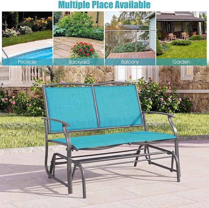 Giantex Outdoor Glider Bench, Patio Glider Bench for Outside, Steel Frame, 400 Lbs Capacity, Ergonomic Swing Rocking Chair Loveseat, 2-Person Porch Swing Rocker for Backyard, Lawn, Balcony, Turquoise