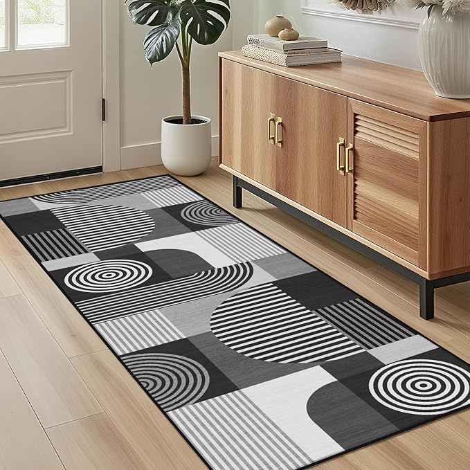 Grey Geometric 2x6 Runner Rug for Hallway Kitchen Bedroom Black White Mid Century Modern Machine Washable Rug Non Slip Low Pile Gray Minimalist Runner Rugs Long Floor Mat Carpet for Laundry