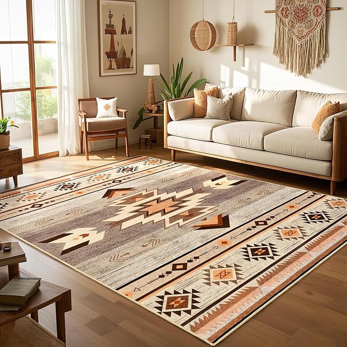 BENRON Western Area Rugs for Living Room Bedroom 4x6, Washable, Warm Beige | Non Slip Southwest aztec Rustic Rugs for Dining Table Kitchen Home Decor