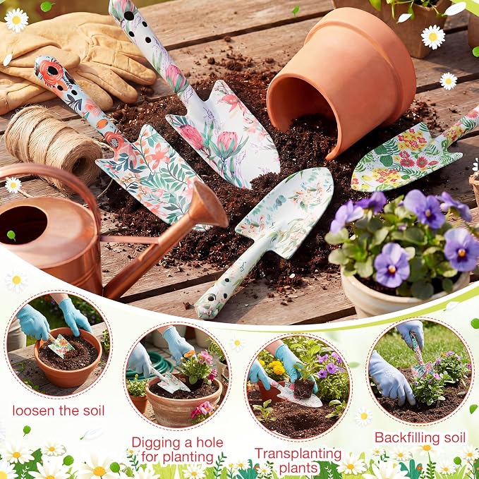 12 Pcs Floral Garden Shovels Bulk Gardening Gift for Women Heavy Duty Metal Garden Tools Floral Hand Shovel Planting for Summer Employees Birthday Thank You Gifts (Tropical Plants)