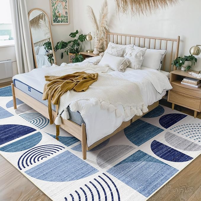 5x7 Area Rugs Washable,Blue Boho Rugs Non Slip Modern Abstract | Large Throw Carpet for Living Room Bedroom Dining Room Soft Low Pile Floor Indoor Bohemian Navy Blue