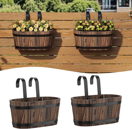 Railing Planters for Outdoor Plants Balcony Hanging Flower Pots with Detachable Hooks, Window Flower Box Hanging Bucket Pots Fence Planters for Garden Home Decor (Carbonized-2pack, Small)