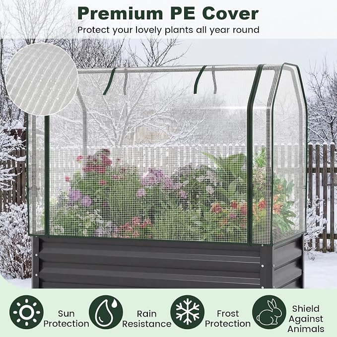 Giantex Raised Garden Bed with Legs & Greenhouse Cover, 44x22x60 Elevated Metal Planter Box with Roll-up Door, Outdoor Mini Greenhouse for Vegetable Flower Herb Patio Balcony (Black,1)