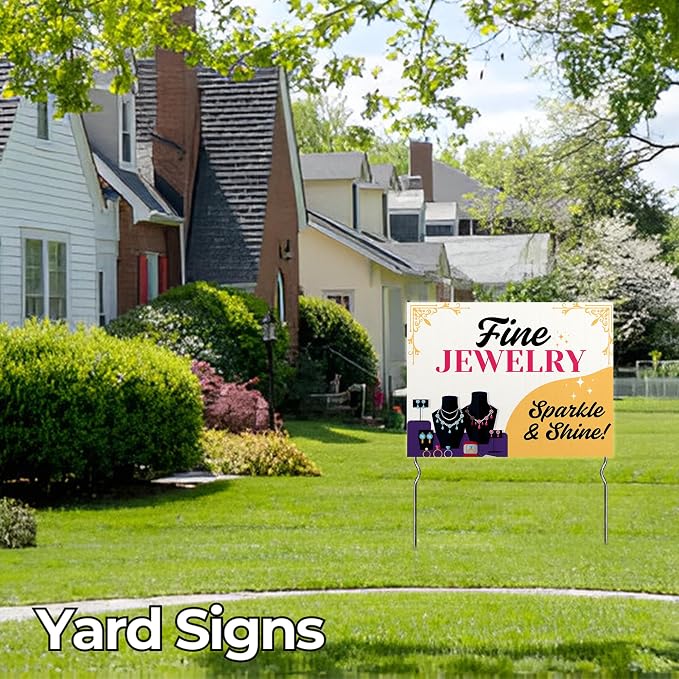 Fine Jewelry - Sparkle & Shine! Yard Sign by DC | 24"x18" Double Sided Conv. Store Garden Sign with 13” Metal Stakes | Outdoor Signs Waterproof for Lawn, Patio, Sidewalk & House | Set of 2