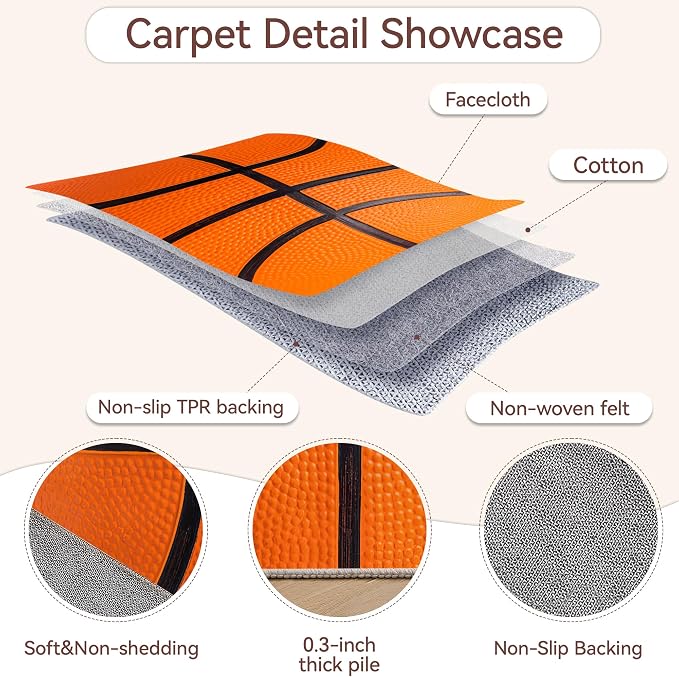 Cool Basketball Washable Area Rugs 5x7,Sports Ball Themed Area Rug for Living Room Bedroom,Indoor Non-Slip Large Throw Carpet for Kitchen Entryway Bathroom Office