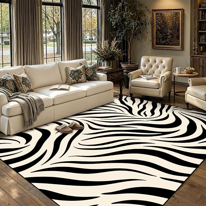 Zebra Print Area Rugs 5x7ft Black and White Striped Rug for Living Room Zebra Stripes Washable Rug for Bedroom Dining Room Office Playroom Nursery Home Decor Non-Slip Non-Shedding