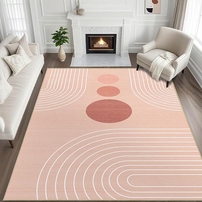 8x10 Area Rug for Living Room Boho Modern Minimalist Geometric Abstract Large Rug Pink Mid Century Modern Machine Washable Non-Slip Printed Low-Pile Indoor Floor Carpet Dining Room Bedroom Pink