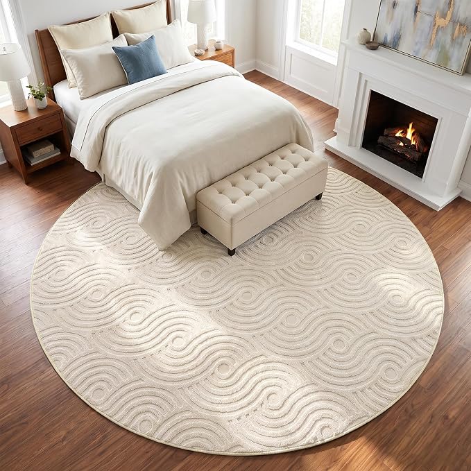 Etwel 6.5 ft Beige Abstract Textured High-Low Pile Washable Round Rug | Modern Soft Carpet, Non-Slip PVC Backing, Low Profile, Kid and Pet Friendly, for Living Room, Bedroom, Dining Room, Nursery