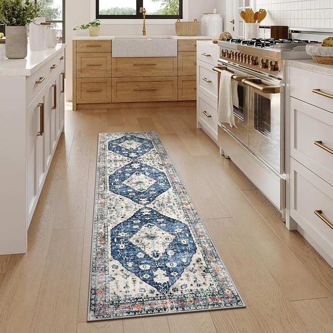 Lahome Felice Boho Tribal Runner Rug - 2x7 Blue Washable Hallway Runner Rug, Vintage Soft Non Slip Low Pile Kitchen Accent Carpet Runners for Entryway Bathroom Doorway Living Room Bedroom