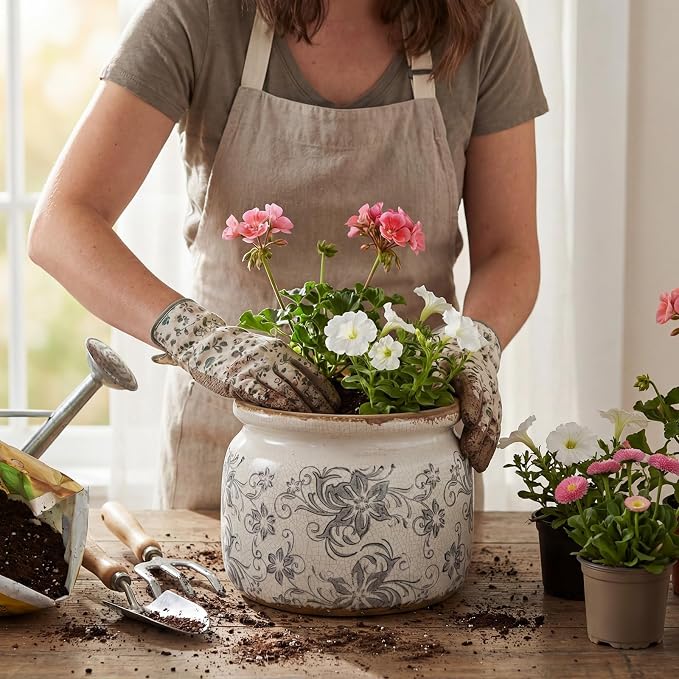 7.7" Large Vintage Ceramic Plant Pot with Baroque Floral Pattern Beige Gray Rustic Planter with Ice Crackle Glaze & Drainage Hole for Indoor Outdoor Plants Home Office Kitchen Decor Gift