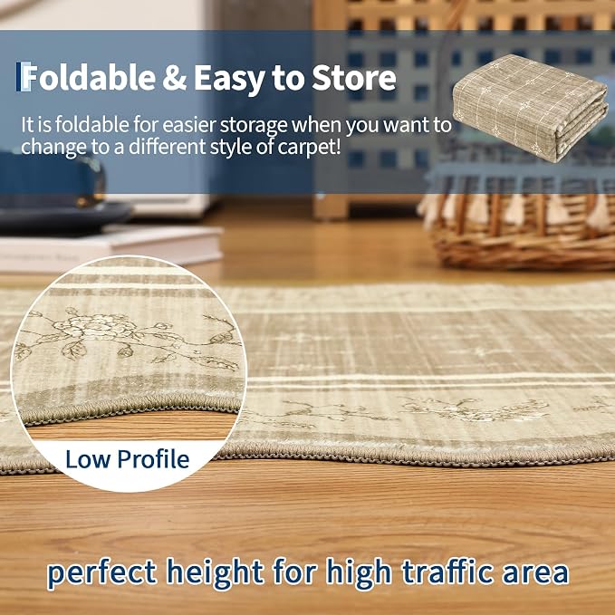 Garvee Scollaped Rugs for Living Room 5x7 Area Rugs for Bedroom Soft Camel | Non-Slip Low Pile Neutral Kids Rug Non-Shedding Bordered Nursery Carpet Foldable Thin Mat for Dining Room Kitchen Playroom