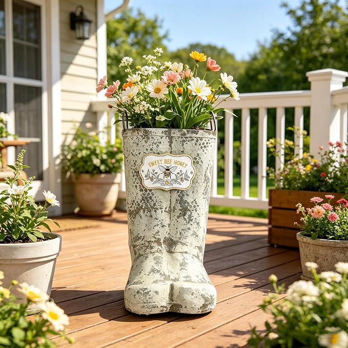 Vintage Metal Planters with Handle Distressed Decor Rustic Farmhouse Flower Pot with Sweet Bee Honey Emblem, Indoor/Outdoor Decorative Plants Buckets for Wedding Home Garden Patio Decor