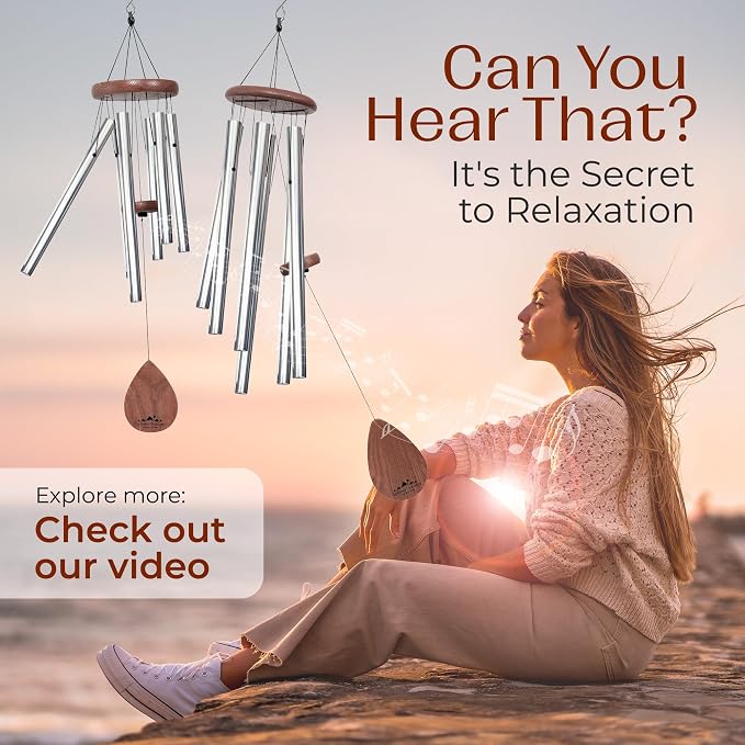 Silver Wind Chimes for Outside Deep Tone, 28 Inch Havasu Hand Tuned E Major Wind Chime, Adjustable Clapper, Aluminum Beech Wood Garden Patio Porch Decor, Memorial Housewarming Gift