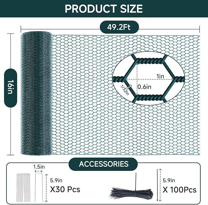 16In x 49.2Ft Plant Protectors from Animals, Wire Plant Cages for Outdoor Plants Chicken Wire Garden Protection from Animals Plant Fence Protectors to Keep Animals Out with Ground Stakes & Nylon Ties