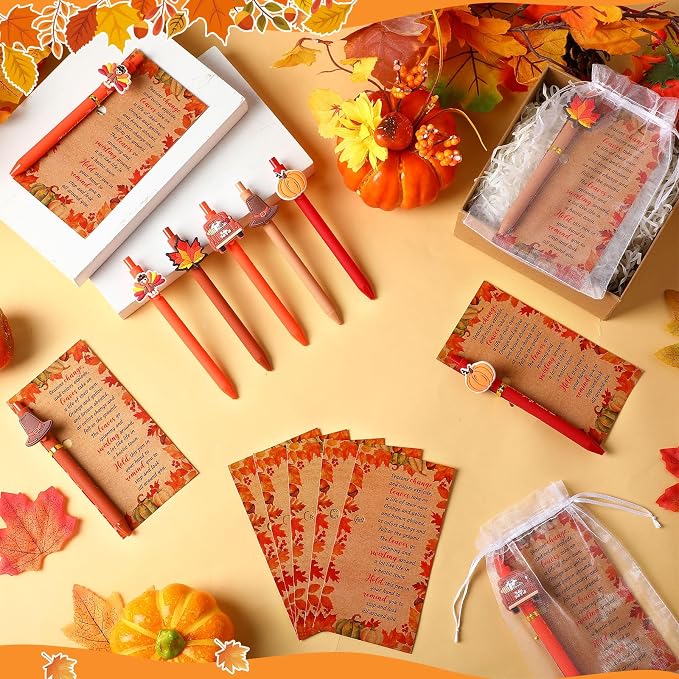 Marspark 30 Sets Fall Gifts Bulk Thanksgiving Ballpoint Pens and Thankful Maple Greeting Cards Set with Bags Twist Ties Autumn Holiday Appreciation Gifts for School Office Thanksgiving Party Favors
