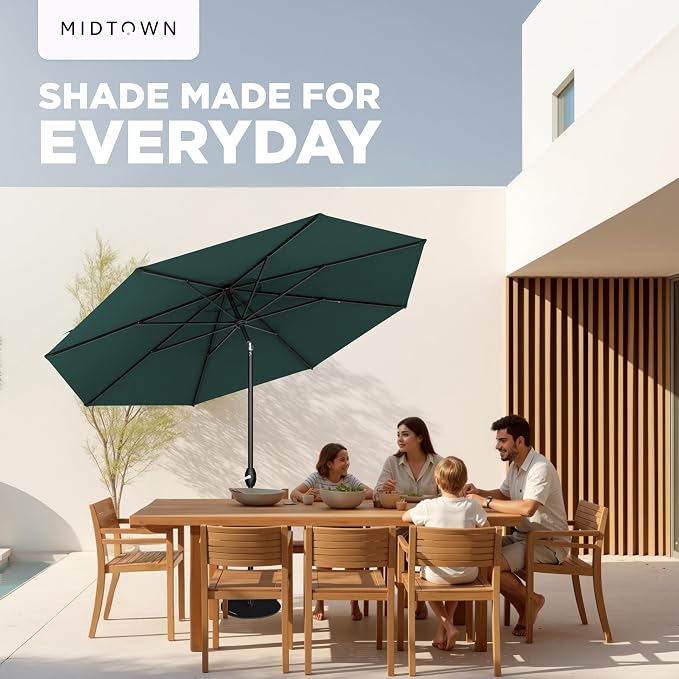 Midtown Umbrellas - 10-Year-No-Fade 8 Ft Patio Umbrella with Terylast Fabric, Auto-Tilt Aluminum Frame and 8 Reinforced Ribs for Deck, Pool, Garden & Beach - Forest Green Canopy, Black Pole