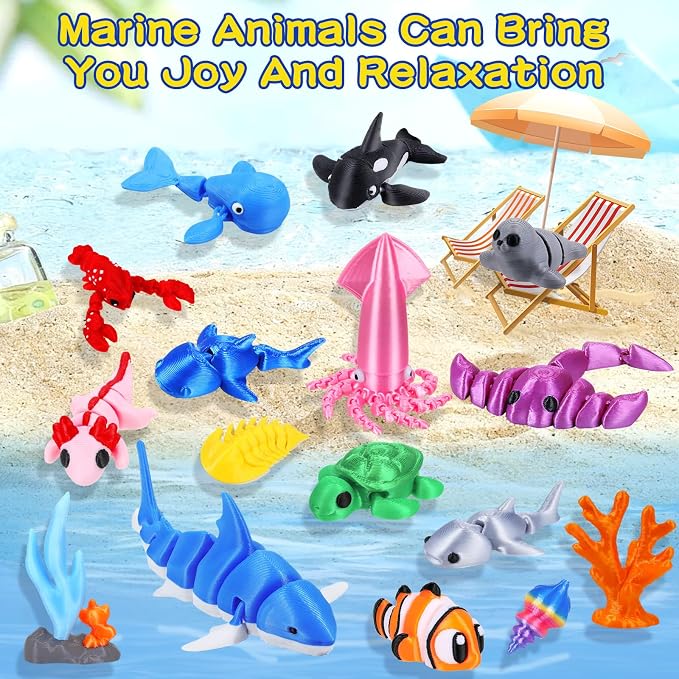 ywevyezc 25 Pcs 3D Printed Ocean Animals Set, Flexible Articulated Mini Sea Animal Figurines Fidget Toy Desk Pets, Ideal for Party Favors Birthday Gifts Office Desktop Home Decor