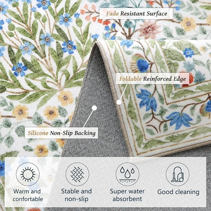 Washable 9x12 Area Rug - Light Green Vintage Floral for Living Room, Dining Room Under Table & Bedroom - Soft Low Pile, Non-Slip & Stain Resistan