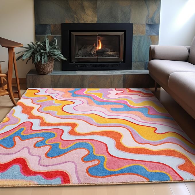 Colorful Pink Blush Rug Washable, Ultra Thin Flatweave 3x5 Small Throw Carpet Non Slip for Kitchen Entryway Indoor Bedroom Bathroom, Groovy Aesthetic Funky Accent Nursery Rug