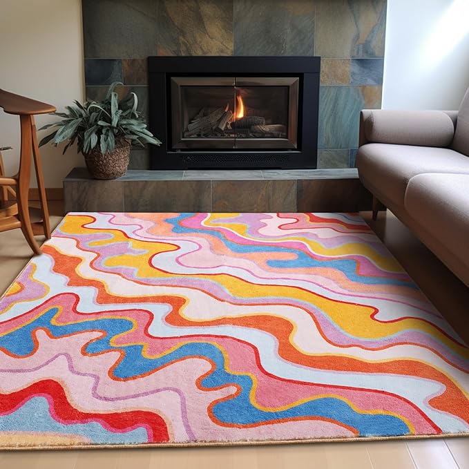 Colorful Abstract 6x9 Area Rug Ultra Thin Flatweave Funky Aesthetic Colorful Striped Living Room Rug Orange Blush Washable Carpet for Nursey Entryway Bedroom Dining Room Dorm Office
