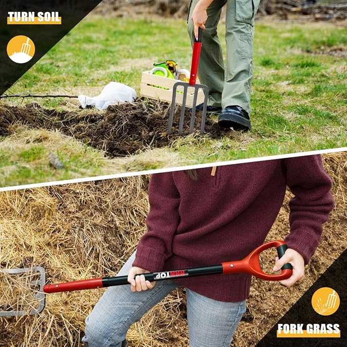 4-Tine Pitch Fork Garden Digging Fork Spading Fork Heavy Duty Pitchfork for Gardening Potato Fork, 43 inches