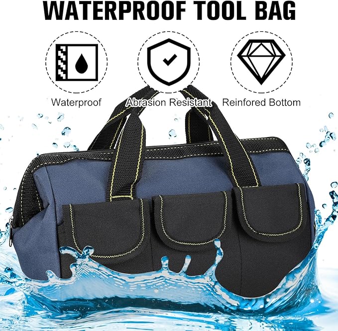 Sanwuta 3 Pack Tool Bag for Men with Waterproof Hard Bottom, Heavy Duty Tool Bag Wide Mouth Tote for Various Instrument, Electrician Carpenter Mechanic(Red, Army Green, Blue,13 Inch,Classic)
