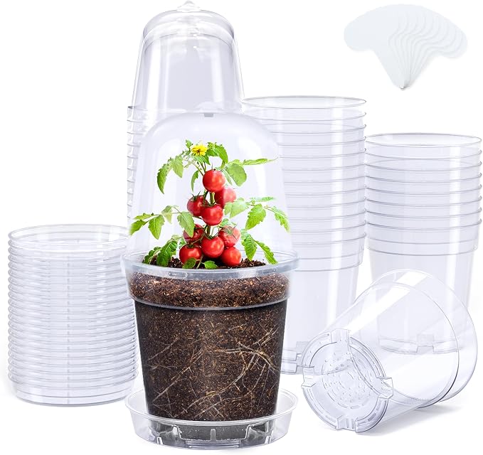 homenote 5 Inch Clear Nursery Pots 20 Pack with Humidity Domes&Plant Saucers–Rigid Plastic Nursery Pots with Drainage,Transparent Flower Pots for Seedlings,360° Rotary Vent,Indoor Outdoor Garden