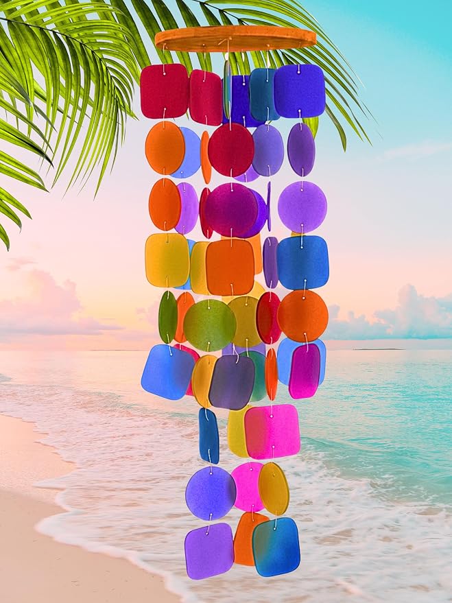 Bellaa Handmade Wind Chimes Outdoor, Musical, Garden Decorations, Beach, Ocean, Breeze, Gifts for Mom, Outside Windchimes, 63pcs, Capiz, Shells, Sea, Glass, Wood 1 Rainbow