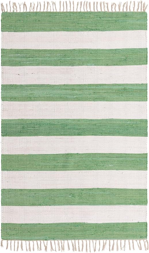 Unique Loom Chindi Rag Collection Area Rug - Striped (5' 1" x 8' Rectangle, Green and Ivory)