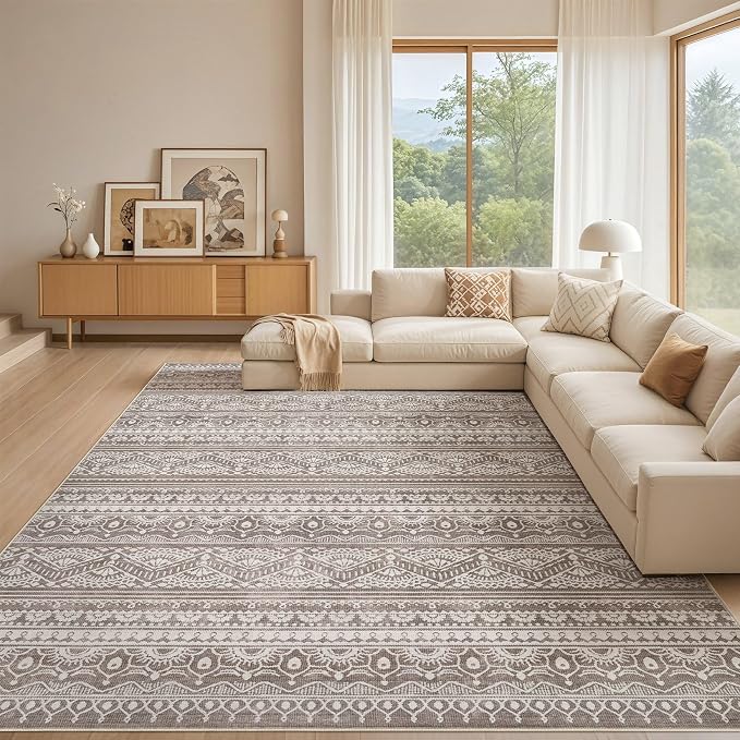 Tortania Area Rug Living Room Rugs - 10x14 Washable Large Soft Neutral Boho Moroccan Bohemian Farmhouse Rug Indoor Floor Carpet for Bedroom Under Dining Table Home Office Decor - Dark Brown