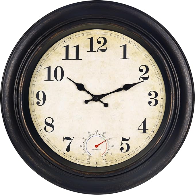 Outdoor Clock Waterproof with Thermometer Wall Clock for Patio Pool Bathroom Kitchen 18 Inch Bronze