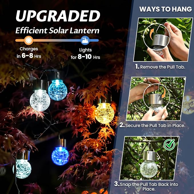 GIGALUMI Solar Lights Outdoor Waterproof, 8 Pack Solar Hanging Lights Garden Decor, Gifts for Women, Solar Outdoor Lantern Waterproof Cracked Glass for Yard, Fence, Tree(Color Changing)