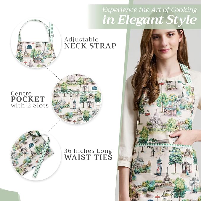 Maison d' Hermine Aprons for women with Pocket 100% Cotton (27.50"x31.50") | Adjustable Neck Strap & long ties Apron Men Chef Wedding Cooking Gardening Server Maid