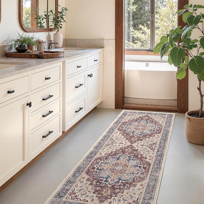 Maroon Blue 2x6 Hallway Runner Rug, Carpet Runners 6ft for Kitchen Non Slip Washable, Modern Vintage Floor Runner for Entryway Foyer, Medallion Rug Runner for Bathroom Bedroom Laundry Room