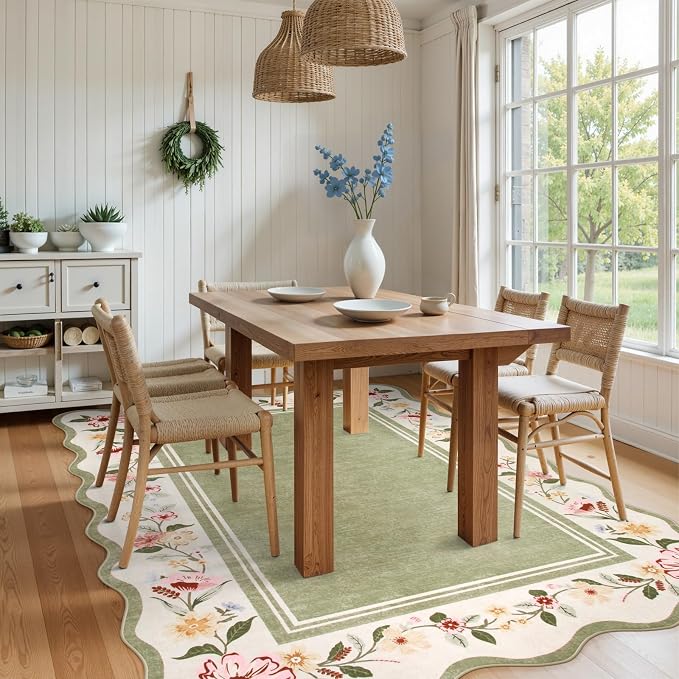 Lahome Green Scalloped Living Room Rug 8x10 | Non-Slip Soft Bedroom Rugs Stain Resistant, Floral Bedroom Rug 8x10 Under Bed Carpet for Nursery Playroom Dining Room Ariele