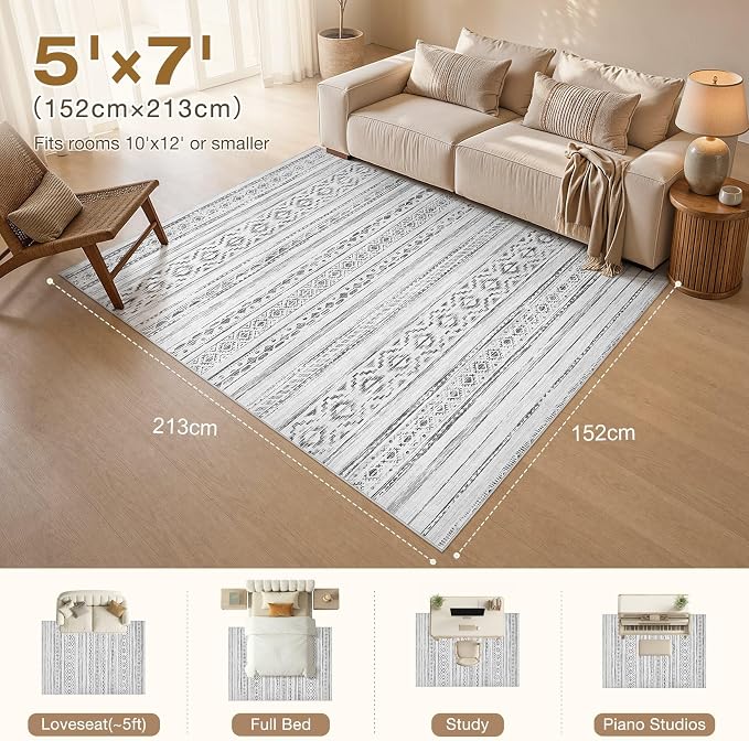 cotiled Boho 5x7 Area Rugs for Living Room: Soft Moroccan Washable Rug | Solve Modern Neutral Trendy Home Decor - Stain Resistan Indoor Carpet for Bedroom Dining Room Cream Grey