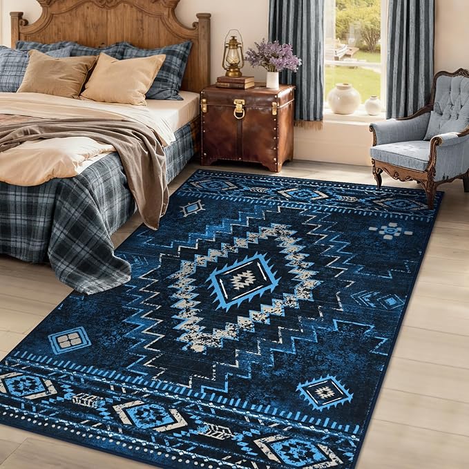 Yinhua Western 3x5 Entryway Rug, Aztec Machine Washable Rug Low-Pile | Moroccan Non-Slip Area Rugs with Rubber Backing, Navy Blue Carpet Stain Resistant for Bedroom Office