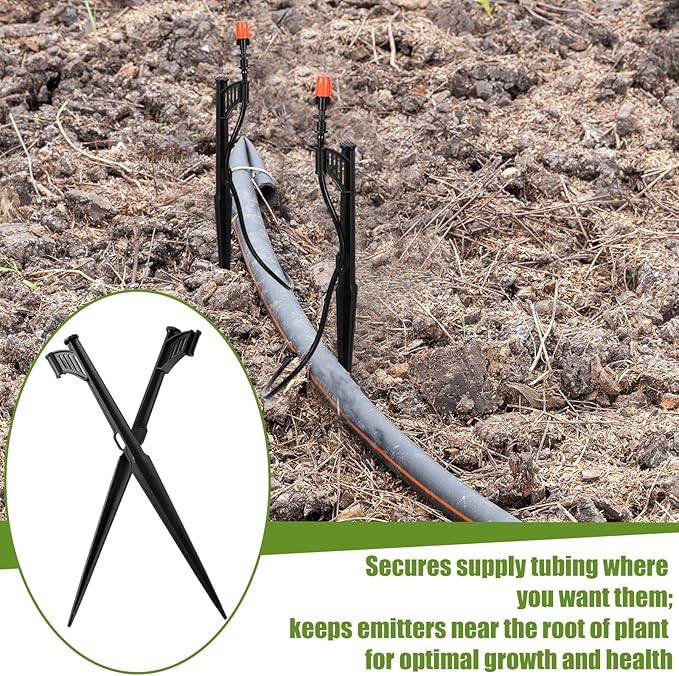 GlikCeil 100 Pcs 12.8" Irrigation Drip Support Stakes 1/4 Inch Tubing Hose Holder Adjustable Riser Drip Lines Ground Stakes for Micro Sprinkler Gardens Irrigation Supplies