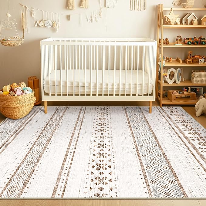 8x10 Area Rugs for Living Room Washable Moroccan Farmhouse Neutral Geometric Low Pile Non-Slip Soft Print Pattern Rug for Bedroom Kitchen Dining Room Entryway Cream/Brown/Pink | Vacuum Friendly, Machine Washable, Non-Slip Rug, Stain Resistant, Moroccan...