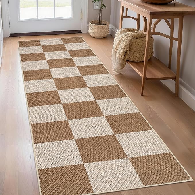 Garvee 2x6 Runner Rug Kitchen Rugs Non Slip Washable Easy Jute Rug, Brown | Modern Checkered Rug Hallway Runner Rug Stain Resistant Easy Cleaning Non Shedding Floor Cover for Laundry Entryway