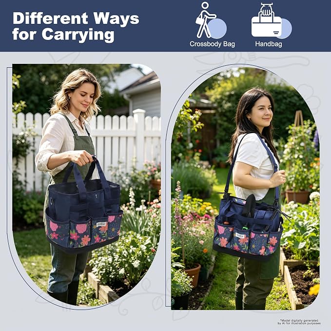 Garden Tool Bag with Hard Bottom, Multi-Pockets Gardening Tote with Shoulder Strap, for Women Outdoor Yard Plant Work Gift (Tools Not Included) (Blue Floral)