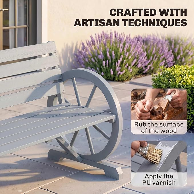 Outsunny 41" Wooden Wagon Wheel Bench, Rustic Outdoor Patio Weather Resistance Furniture, 2-Person Slatted Seat with Backrest, Light Gray
