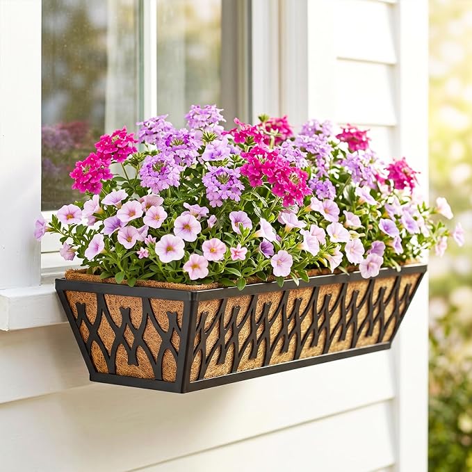 6 Pack 24 Inch Window Boxes Planters Railing Planter Box with Adjustable Brackets for Porch Fence Patio Balcony Hanging Flower Baskets with Coco Liners for Outdoor Garden Decor - Black